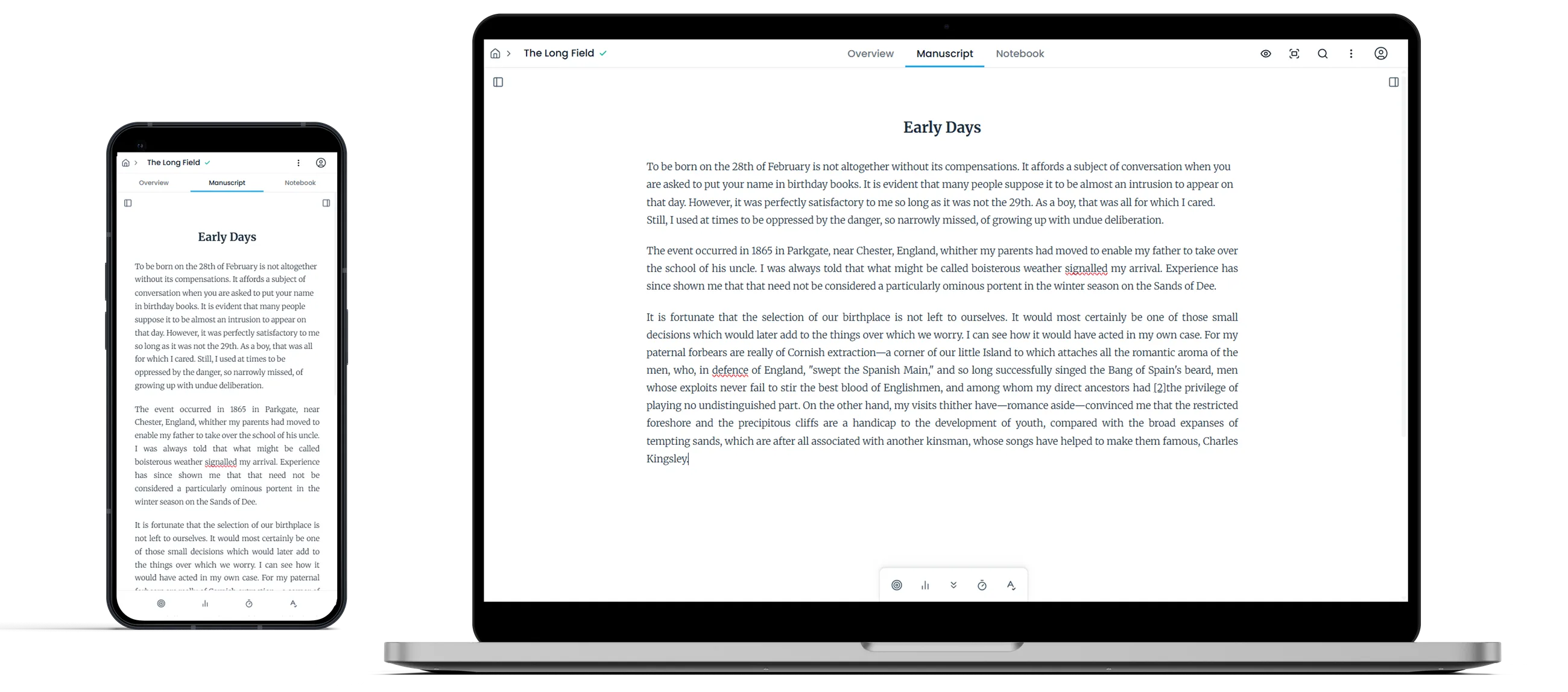 A memoir open in the Novlr writing studio on a laptop and a phone
