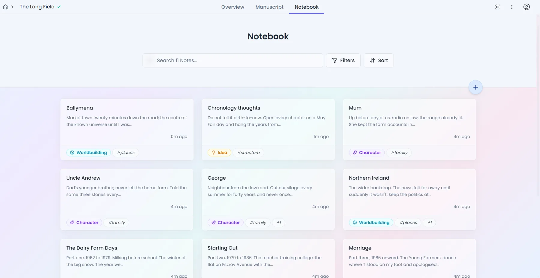A memoir notebook in Novlr with character, place, outline, and research notes