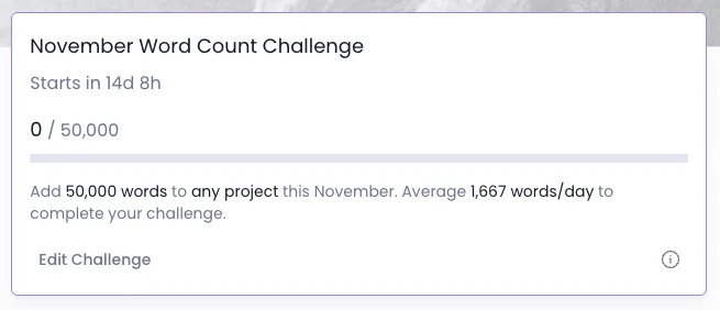 Novlr November writing challenge card