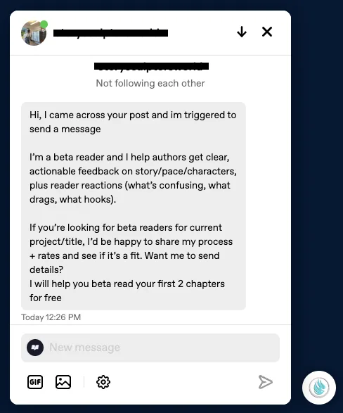 Beta reader scam message